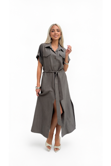 Sukienka Koszulowa Maxi Premium Wiązana w Pasie Elegancka Oversize Guziki Kieszenie - fango